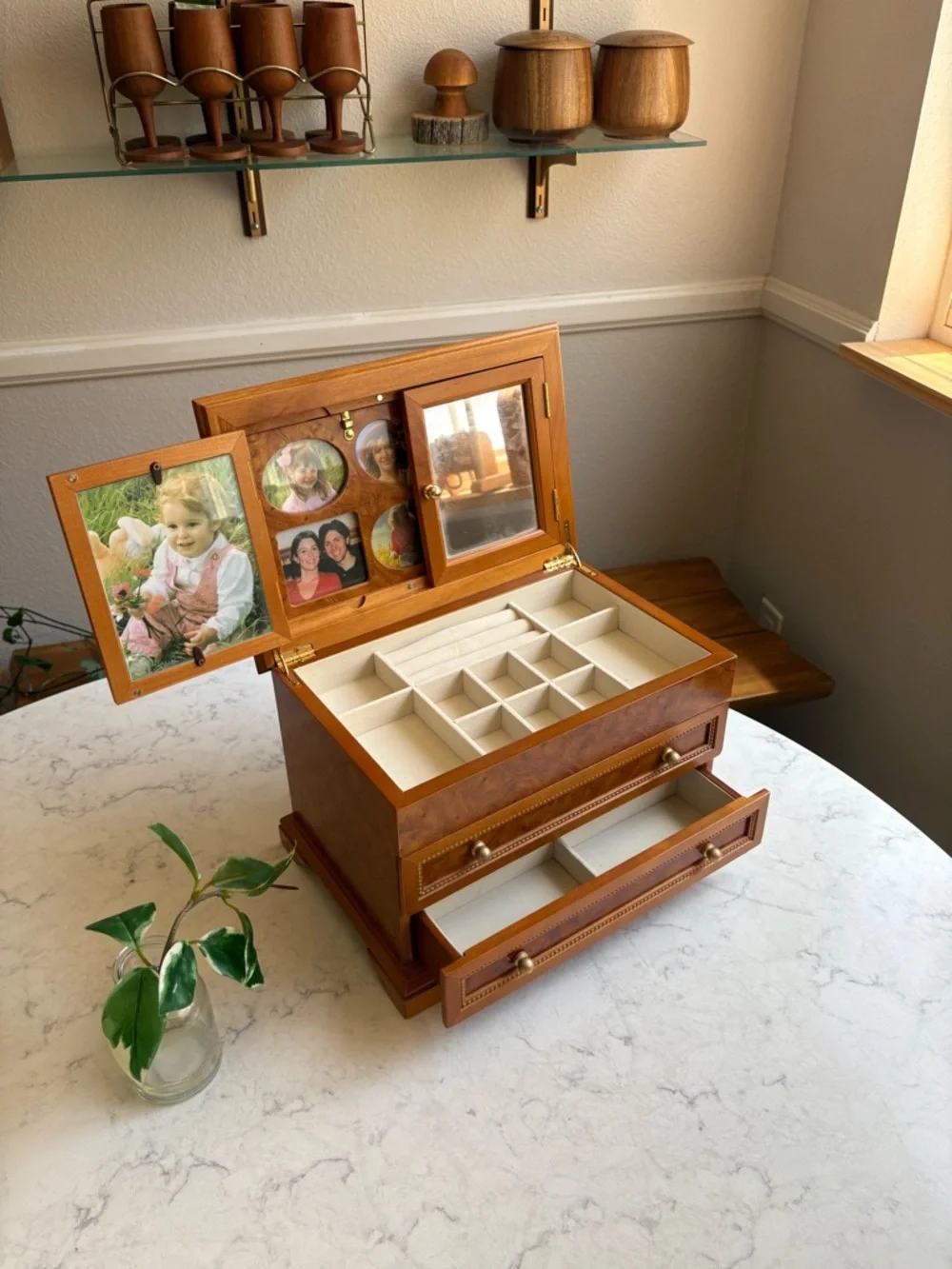 Vintage Wood Jewelry Box with Two Drawers - Brown
